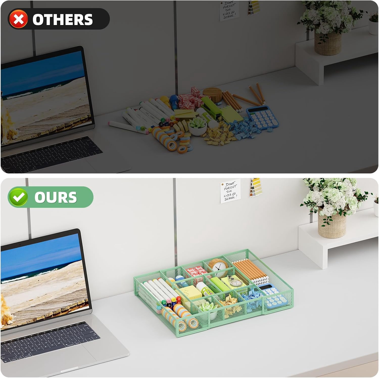 Expandable Desk Drawer Organizer, Mesh Drawer Organizer Tray with 10 Adjustable Compartments, Desk Organizers and Accessories for Office Supplies, Makeup & Vanity (Expandable-Green 2pack)