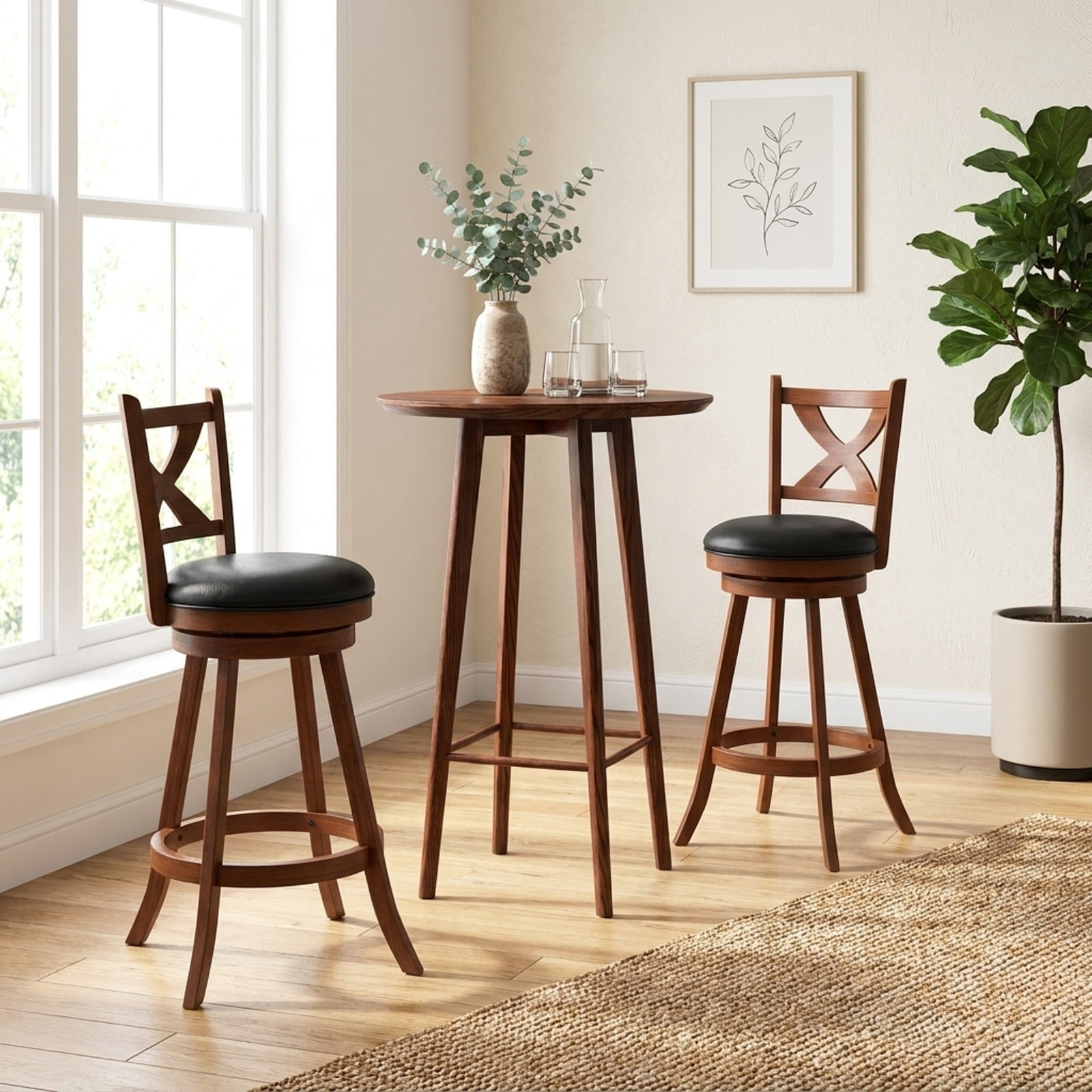 Furnibear 2 Pieces Classic Counter Height Swivel Bar Stool Set with X-shaped Open Back-30 Inch for Kitchen Island Counter Bar Pub Dining, Espresso