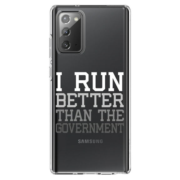 DistinctInk Clear Shockproof Hybrid Case for Samsung Galaxy Note 20 (6.7" Screen) - TPU Bumper Acrylic Back Tempered Glass Screen Protector - I Run Better Than the Government