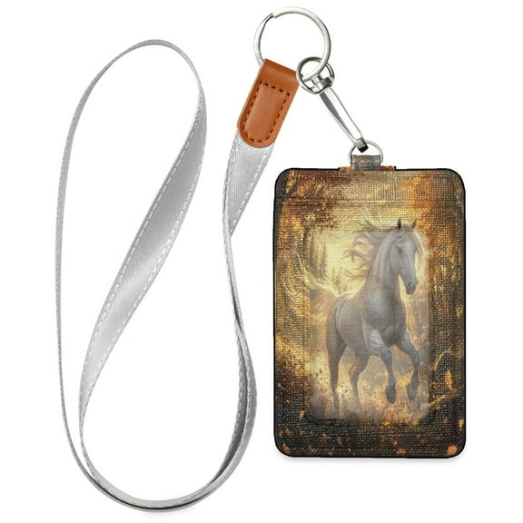PU Leather ID Badge Holder Stylish Badge Holders with Lanyard (4.3x2.8x0.3in) for Cards & Credentials A White Horse
