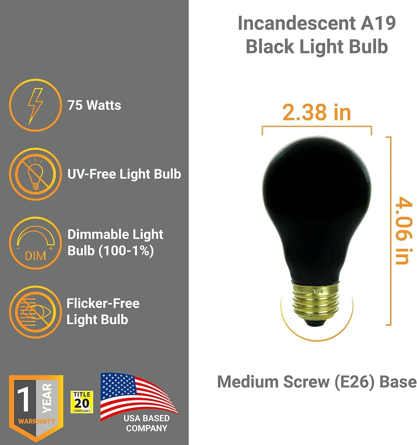 Diodesy- Pack of 6 75A A19 Black Light Bulbs, 75W Filament Ceramic Black Bulb, E26 Incandescent Light for Glow in The Dark/Body Paint/Fluorescent Poster, 120V, Dimmable, Mercury Free, Title 20