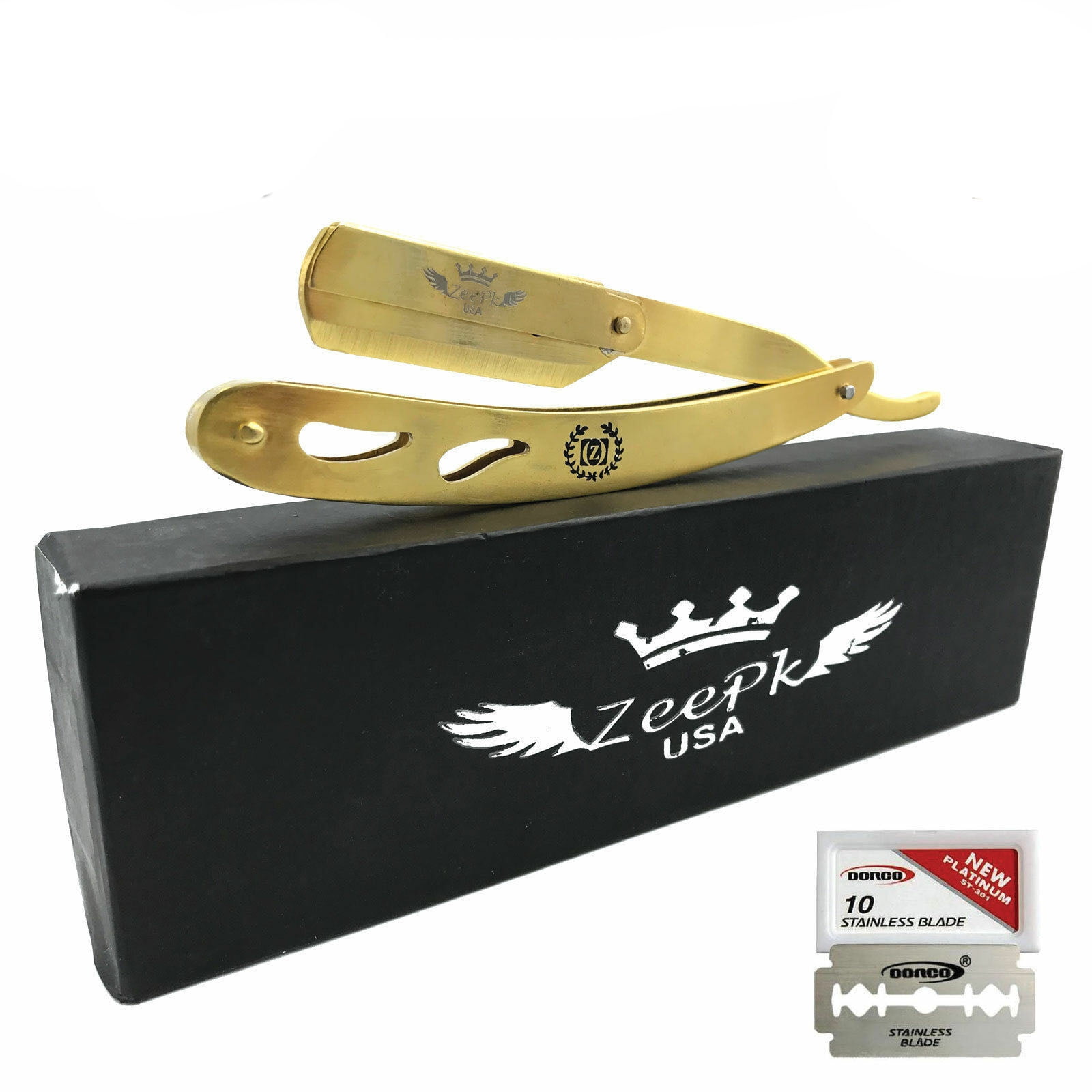 SMART WET CUT THROAT STAINLESS STEEL BARBER SALON STRAIGHT RAZOR 10 BLADES GOLD