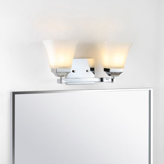 JONATHAN Y Staunton 15" 2-Light Iron/Glass Modern Cottage LED Vanity Light, Chrome