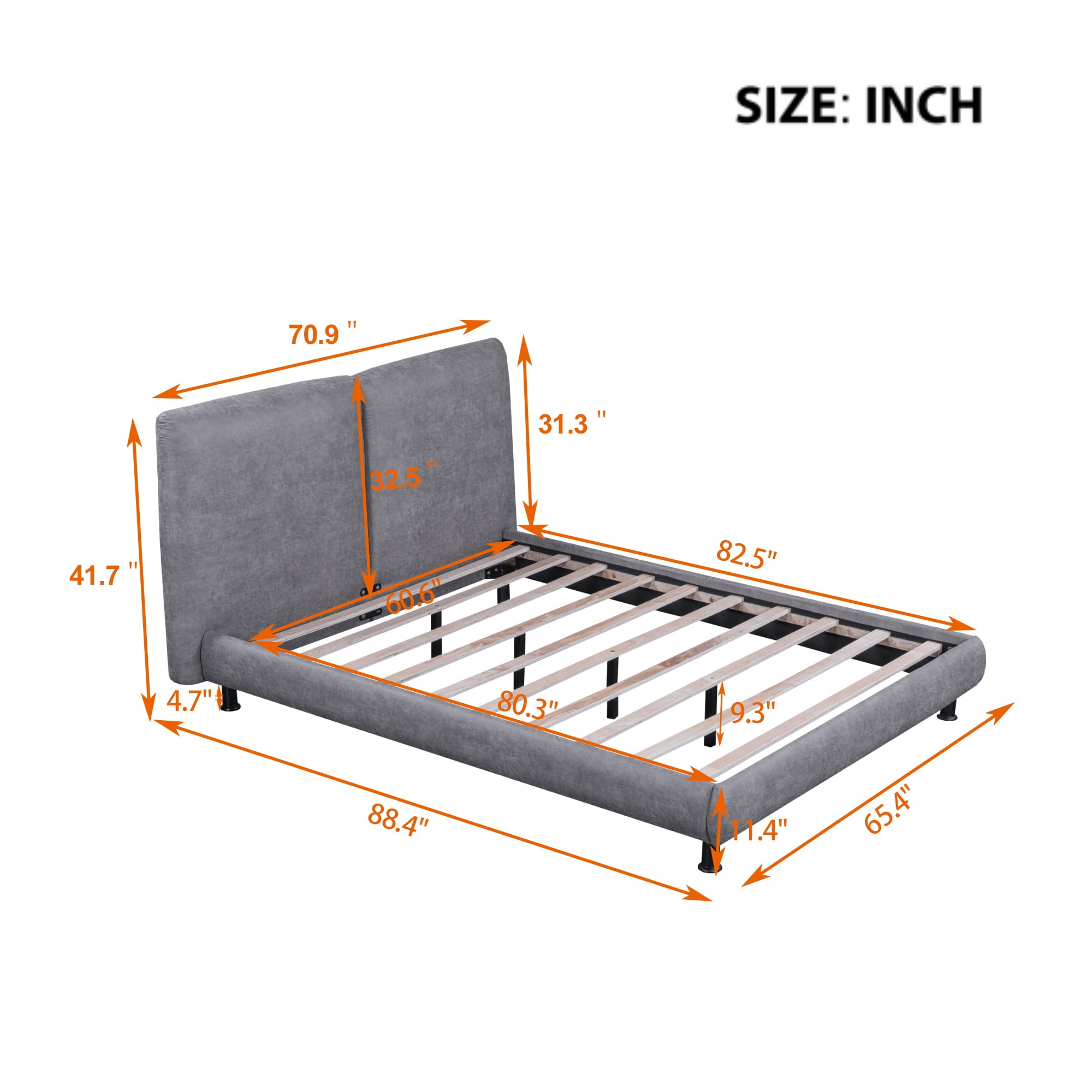 PORKISS Queen Size Platform Bed, Polyester Upholstered Platform Bed with Two Large Headrests, Modern Platform Bed with Thick Fabric, Classical Queen Bed for Bedroom, No Box Spring Needed, Gray