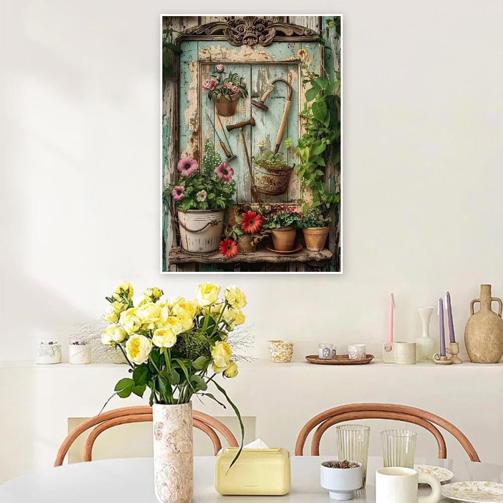 Garden Diamond Art Kits for Adults, Vintage Pot Plant Diamond Painting Kits for Beginners, DIY 5D Full Drill Round Crystal Diamond Dots Gem Art Craft Home Decor 12x16 Inch