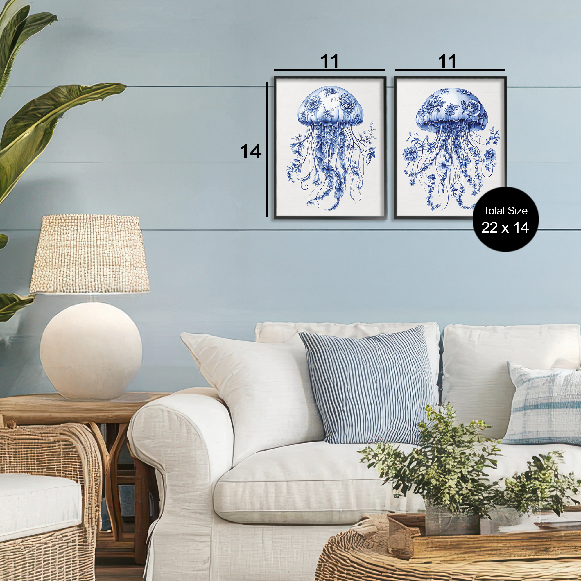 Funky Florals Toile Jellyfish 2 Piece Black Framed Giclee Art Set, design by Lettered and Lined