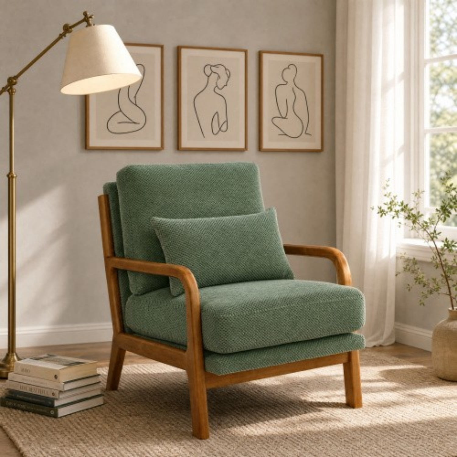 Wooden Lounge Accent Chair with Solid Wood Armrests, Upholstered Reading Chair with High-Density Foam Cushion, Modern Leisure Armchair for Living Room, Bedroom, Balcony & Office, Dark Green