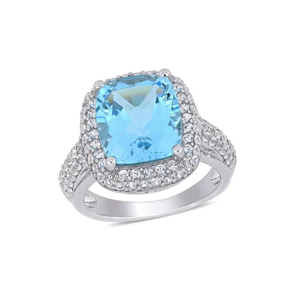6.25 Carat (Ctw) Cushion Cut Blue Topaz Ring with Lab Created White Topaz in Sterling Silver for Women