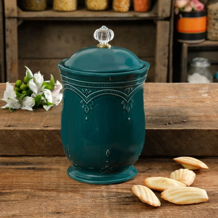 The Pioneer Woman Farmhouse Lace Scallop Teal 9.1-Inch Canister W/Acrylic (Best Place To Farm Linen Cloth Wow)