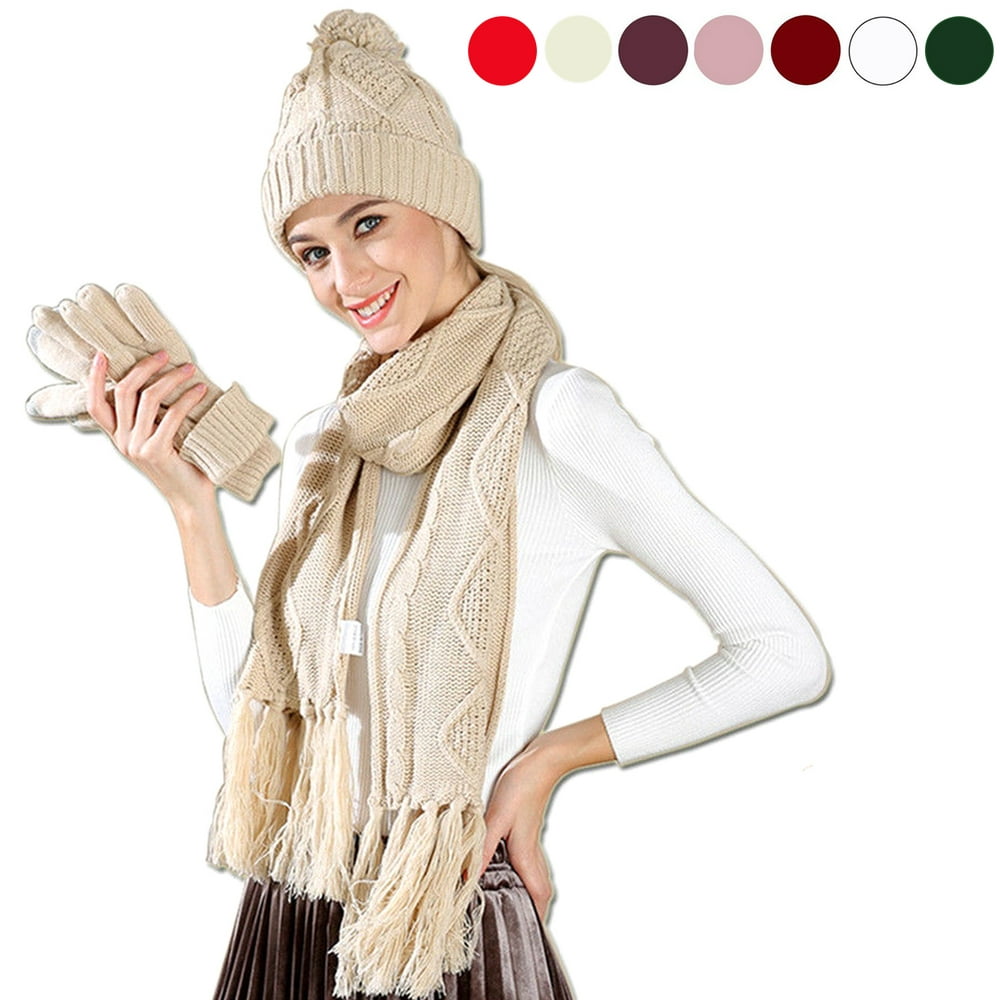 Women Hat Glove Scarf Set, 3 in 1 Beanie Hat and Scarf Winter Set Knit Warm Winter Gift Set for