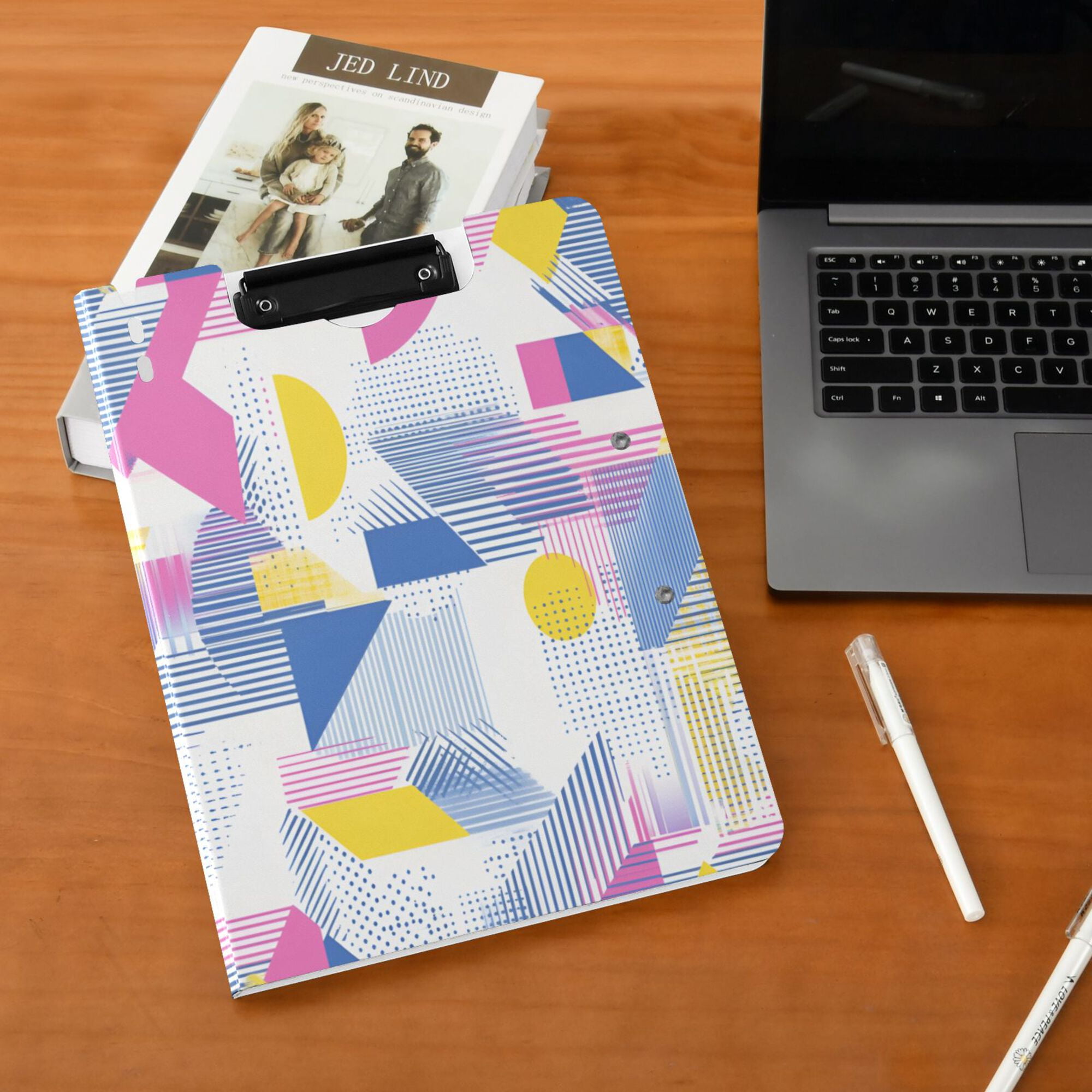 FORMRS A4 Clipboard Folder with Pen Holder Horizontal Foldable School Office Binder, Retro Simple Shapes