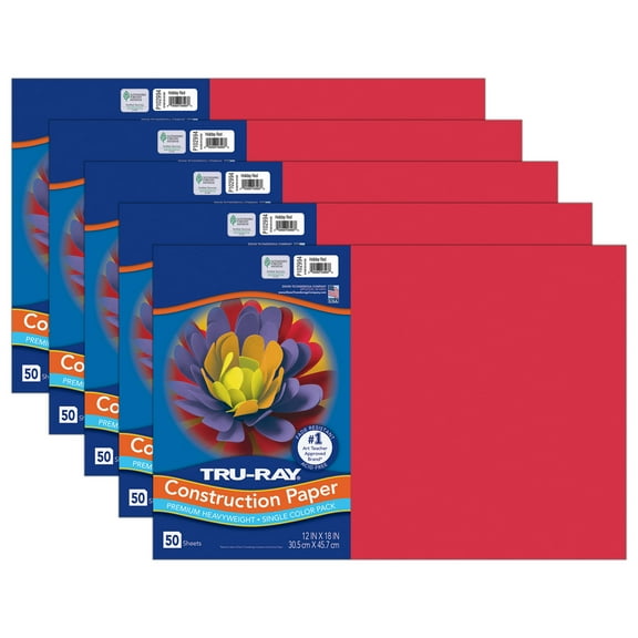 Tru-Ray Construction Paper, Heavyweight, Holiday Red, 12" x 18", 50 Sheets Per Pack, 5 Packs
