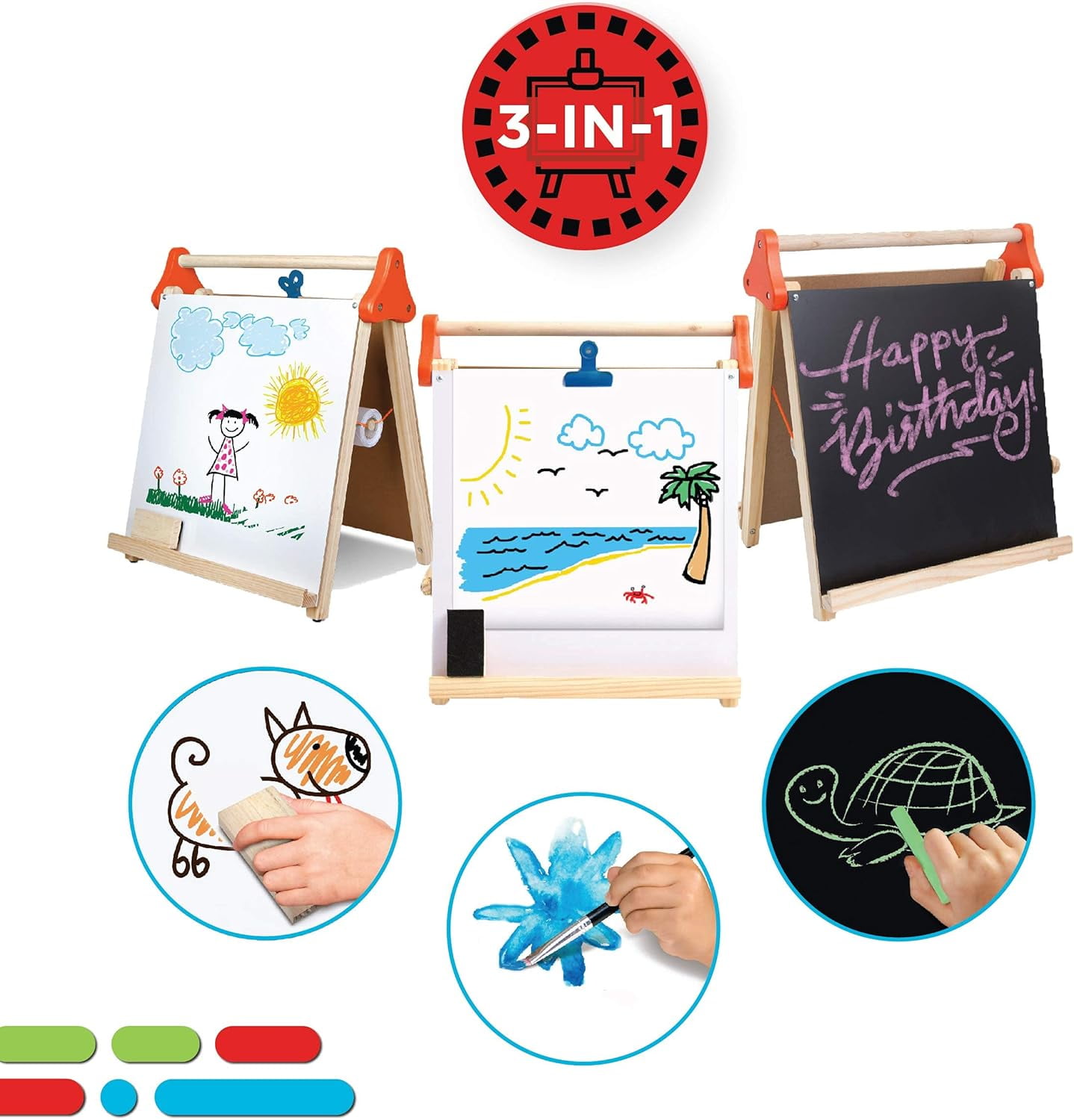 17×15" 3-in-1 Wooden Tabletop Easel - Foldable Portable Dry Erase/Chalkboard w/Paper Roll & Oversized Clip for Kids 3+