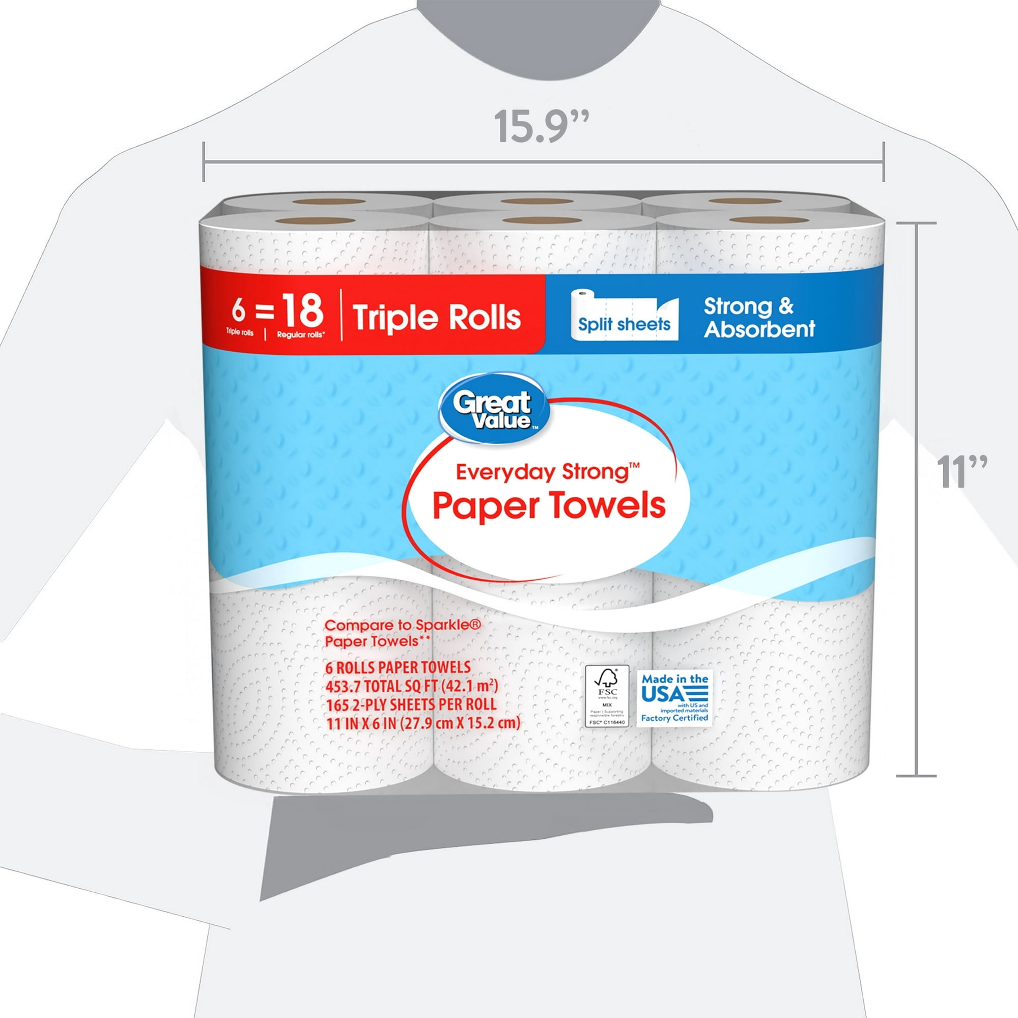 Everyday Strong Paper Towels, 6 Triple Rolls, Split Sheets