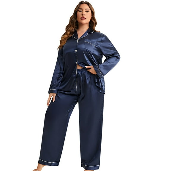Baozhu Womens 2 Piece Silk Satin Pajama Set Long Sleeve Lounge Sets V neck Solid Color Button Down Shirts With a Pocket and Pants PJs Soft Sleepwear Sets,XL-5XL