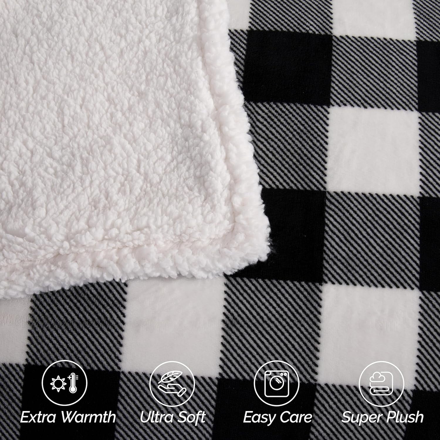 Elegant Comfort Soft, Reversible Buffalo Plaid Sherpa Blanket, Flannel Fleece Throw for Couch and Bed, Warm and Plush Winter Blanket, Full, Black