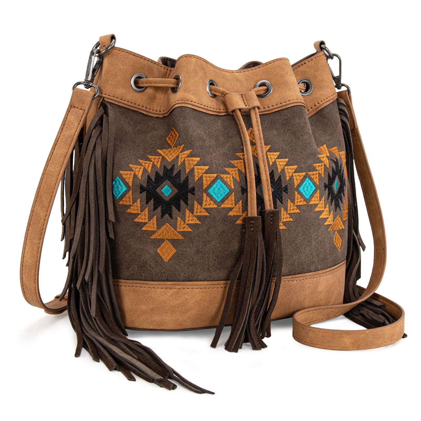 Montana West Aztec Bucket Bags for Women Western Fringe Crossbody Bag Vintage Drawstring, Brown