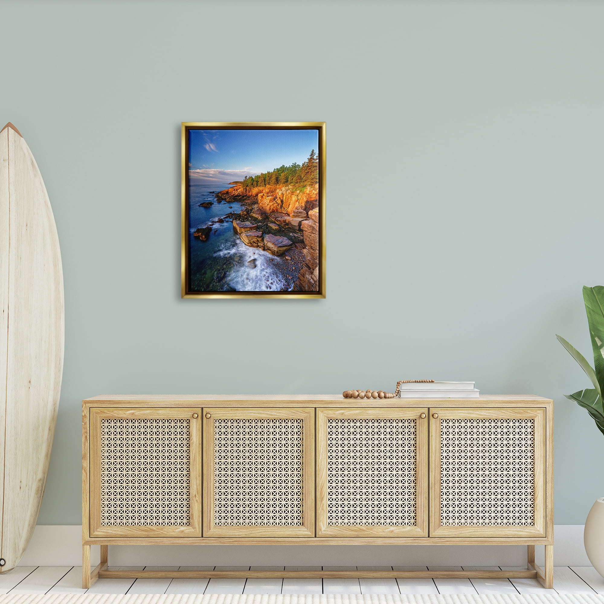 Stupell Rocky Cliffs Shore Beach Foam Landscape Photography Gold Floater Framed Art Print Wall Art