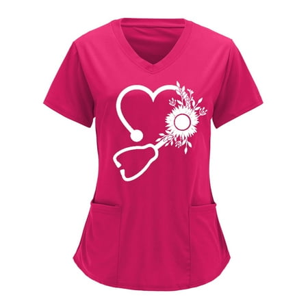 

Deals of the Day Tarmeek V-Neck Short Sleeve Scrub Tops for Women Ladies Plus Size Partial Print Blouse Casual Pockets Working Nurse Uniform Workout Tops Workwear T-Shirts with 3 Pockets