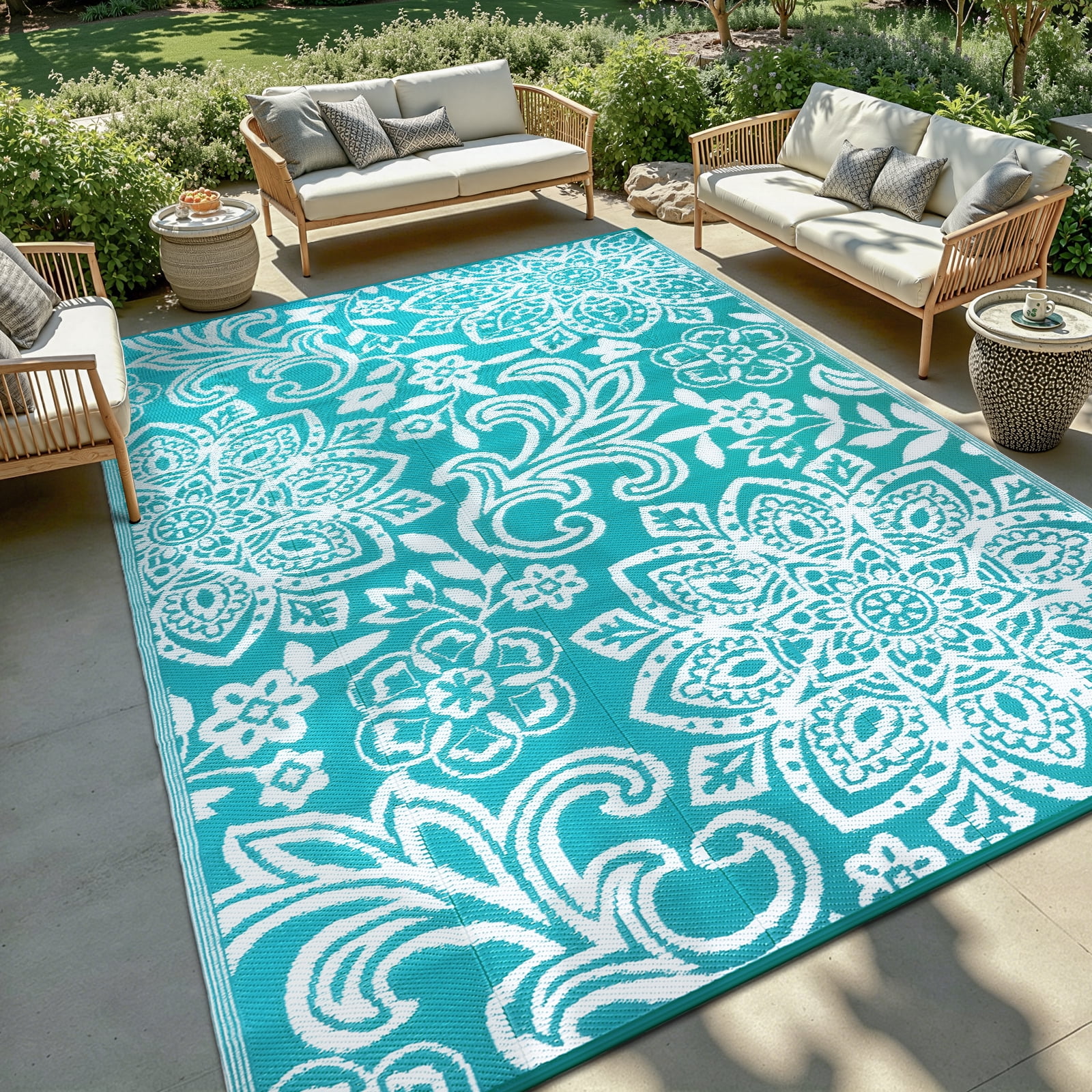 MJIAexp 8'x10' Beach Blue Outdoor Rug Patio Rug Waterproof RV Outdoor Rug Camping Rugs Reversible Plastic Straw Rug Large Outdoor Mat for Camping, Balcony Apartment, Patio, Porch, Picnic, Beach