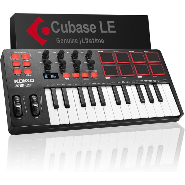 KOKKO Clavier Contrôleur MIDI 25 Touches, Clavier Mini MIDI Alimenté par USB avec 8 Touches Rétroéclairées 8 Boutons Assignables, Arpégiateur Intégré pour la Production Musicale, Compatible avec Cubase/FL Studio/Logic