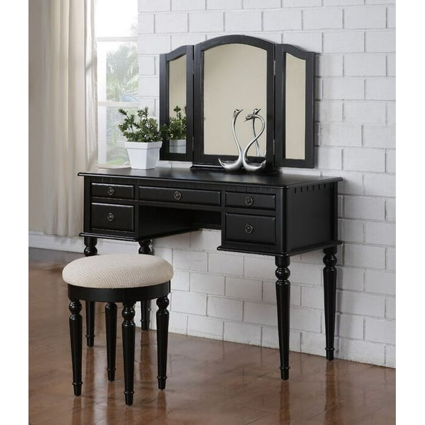 Bobkona St Croix 3 Fold Mirror Vanity Table With Stool Set Black Walmart Com Walmart Com