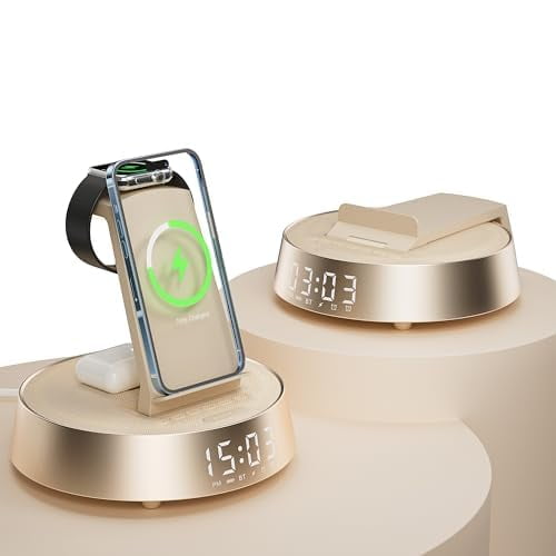Alarm Clock with Wireless Charging Station, Clock for Bedroom with Dimmable Night Light Bluetooth Speaker, Wireless Charger Dock Station for iPhone 1