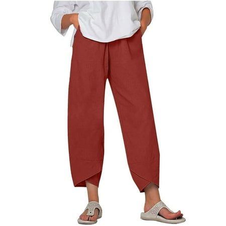 

Dadaria Linen Pants for Women Casual Summer Solid Pants Comfortable Elastic High Waist Beach Pants Wine M Female
