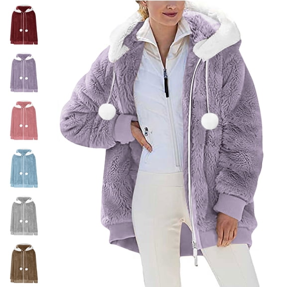 Danhjin Women's Oversized Fleece Jackets Full Zipper Fuzzy Hooded Warm Fall Winter Loose Fur Coats Casual Thicken Cozy Comfy Jackets