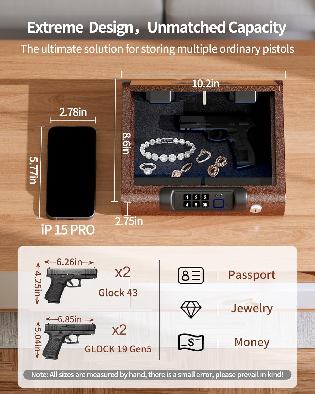 Gun Safe,Biometric Gun Safe for Pistols 3-Ways unlock Fingerprint Digital PIN Key Unlock with Voice, Lock box for Cloakroom living room Bedroom Nightstand and Car Antique Bronze