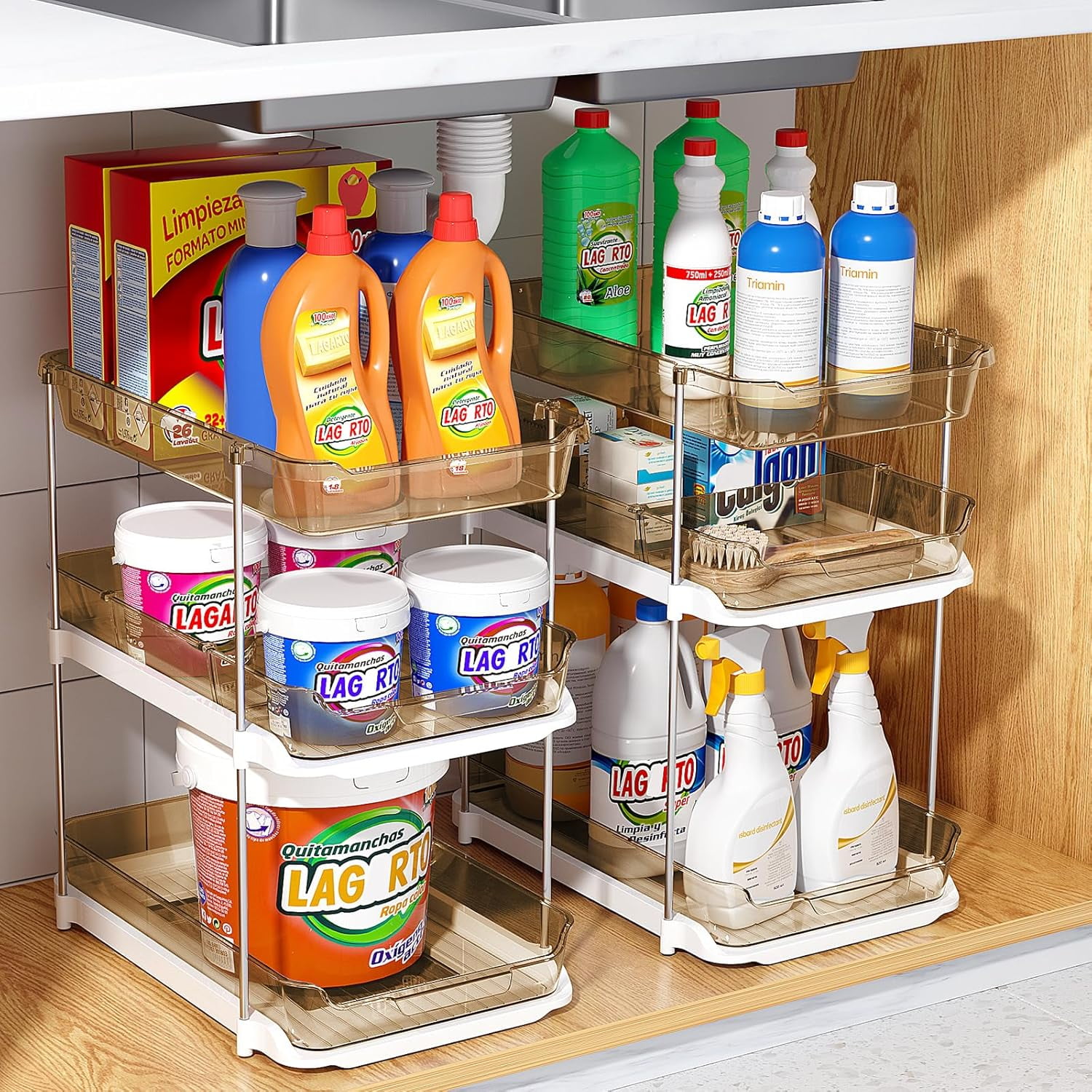 2 Pack 3-Tier Bathroom Under Sink Organizers and Storage, Multi-Purpose Stackable Pantry Organization and Storage, Pull Out Clear Kitchen Bathroom Cabinet Organizer with Movable Dividers, Amber
