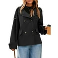 thumbnail image 3 of Female Short Trench Coat Oversized Double Breasted Stand Collar Cropped Jacket Fall Casual Work Outerwear Black L, 3 of 10