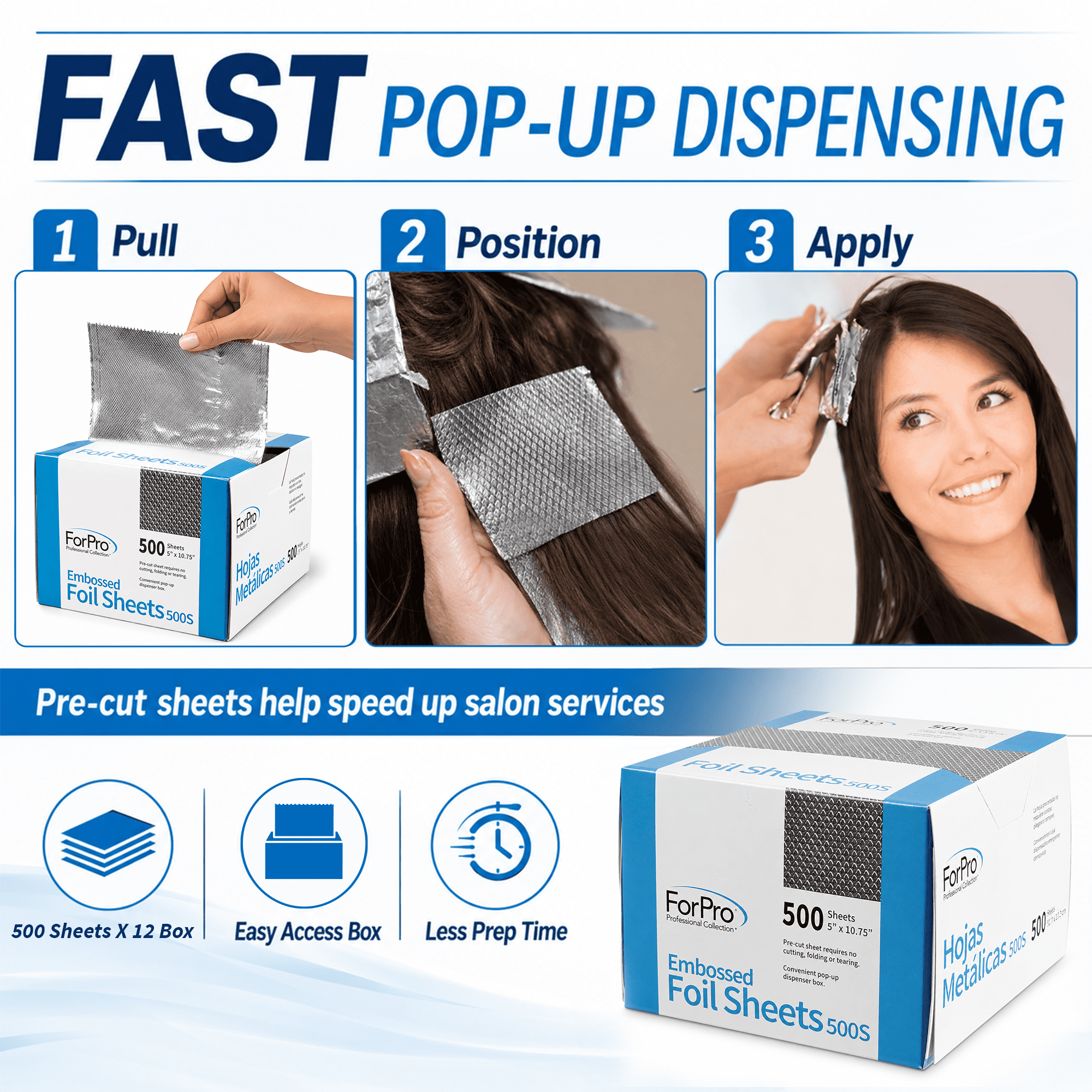 ForPro Embossed Foil Sheets 900S, 9” W x 10.75” L, 500-Count, Aluminum Foil, Pop-Up Dispenser, for Hair Color Application and Highlighting, Food Safe