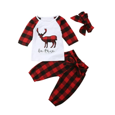 

3Pcs Christmas Outfit Baby Boys Deer Ruffle Top Plaid Checked Long Pant with Bowknot Headband Clothes Set