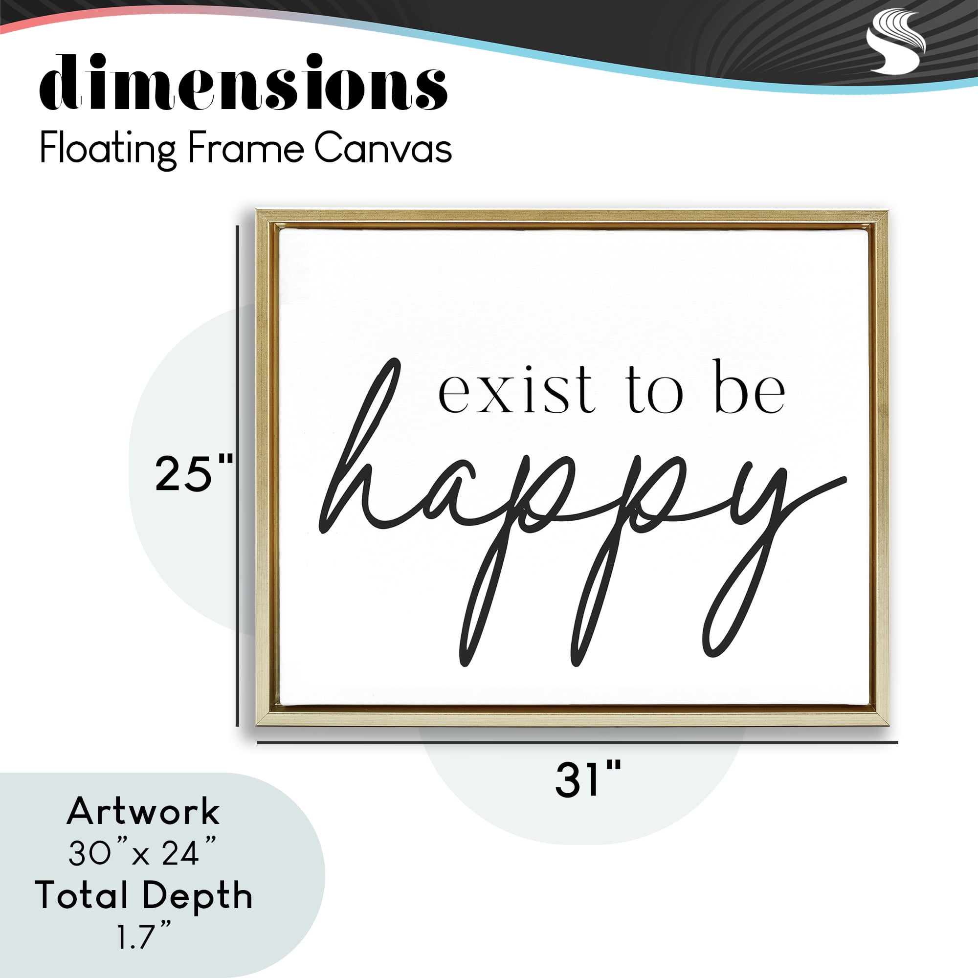 Exist To Be Happy Gold Framed Floater Canvas Wall Art, design by Lettered and Lined