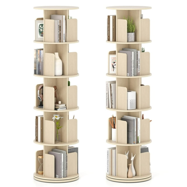 Costway 2 PCS 5-Tier Rotating Bookshelf 360° Display Rack Dividers & Anti-falling Baffles Natural