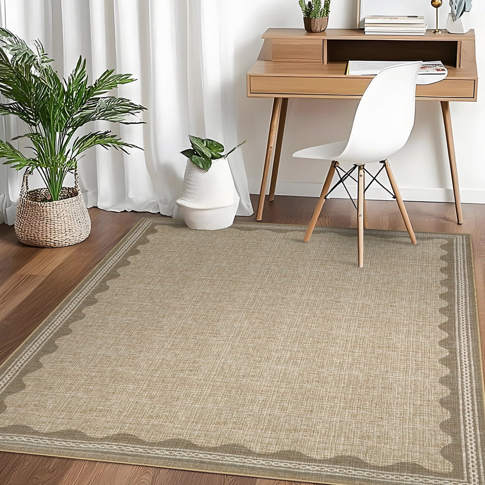 Tzou Modern Scalloped Border Washable Rugs 4' x 6', Non-Slip Low Pile Area Rug for Living Room, Machine Washable Stain Resistant Carpet
