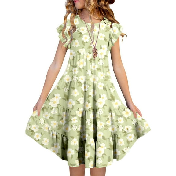 JIAYUE Child Girls Spring Summer Dresses Floral Short Sleeve Drop Shoulder Crew Neck Peasant Mid Length Classic Fit For Teens Breathable Everyday Wear