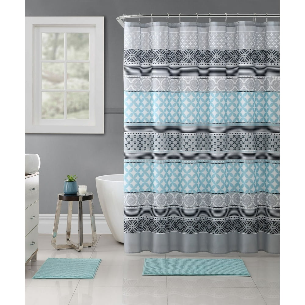 Blue Medallion Fabric Shower Curtain & Hooks Set