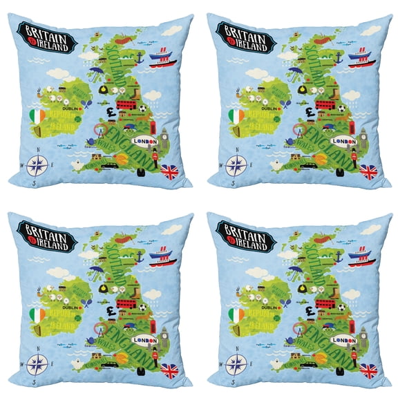 Ambesonne Cartoon Throw Pillow Cover 4 Pack, Maps of Britain Ireland, 24", Pale Blue Apple Green
