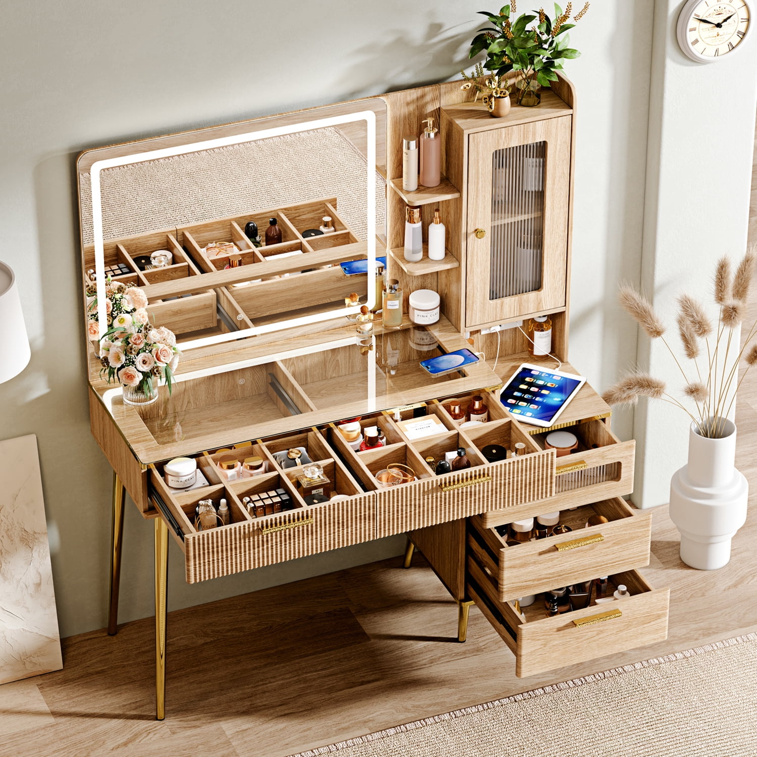 Arulvmrn Vanity Desk 47.24", HD Lighted Mirror w/ 3-Color Touch, 5 Drawers, Charging, Oak