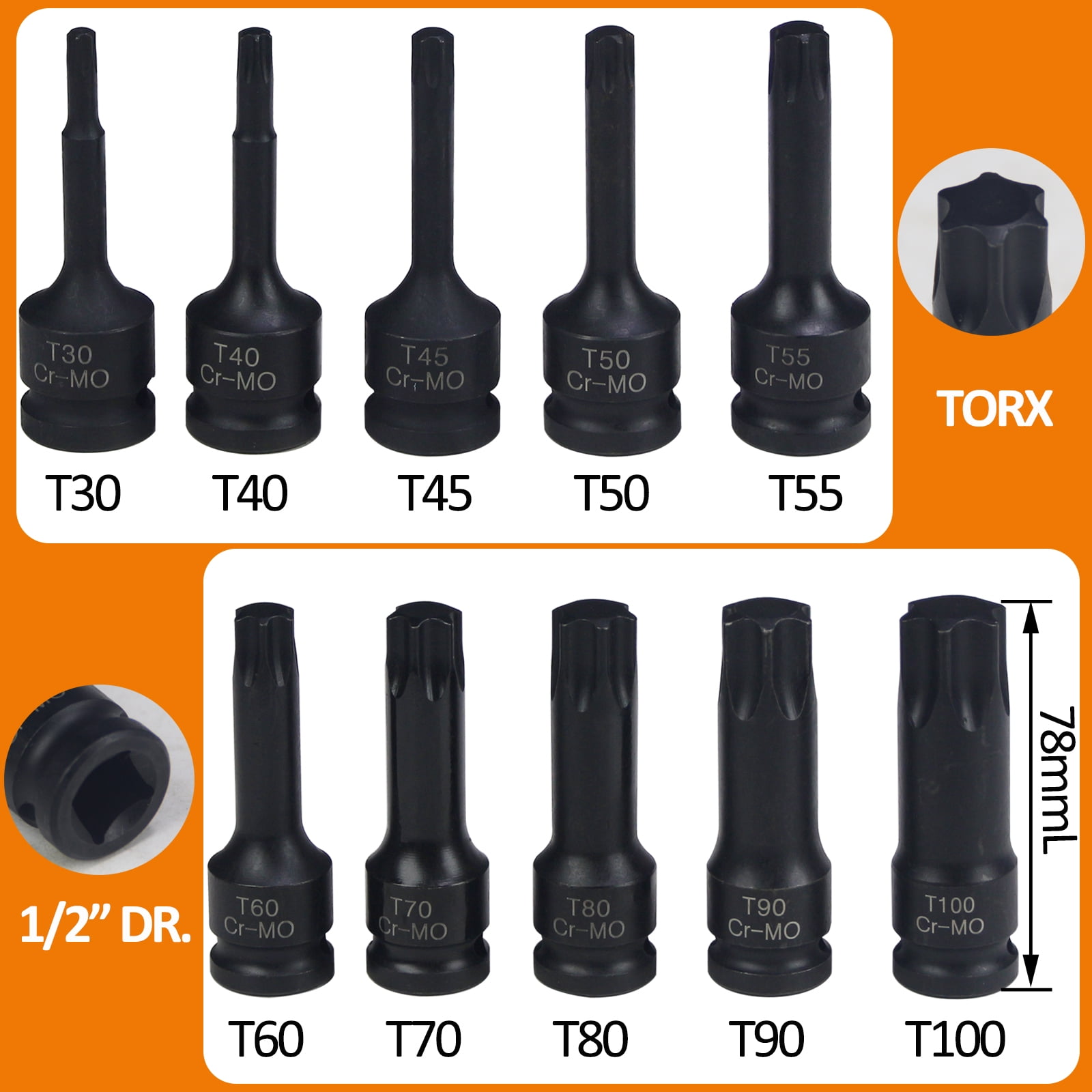 1/2 Inch Drive Torx Impact Socket Set with 10pcs Extra Long Bits, Cr-Mo Steel, Sizes T30 to T100 (T30, T40, T45, T50, T55, T60, T70, T80, T90, T100 Included), 3-Inch Bits, Complete with Storage Case