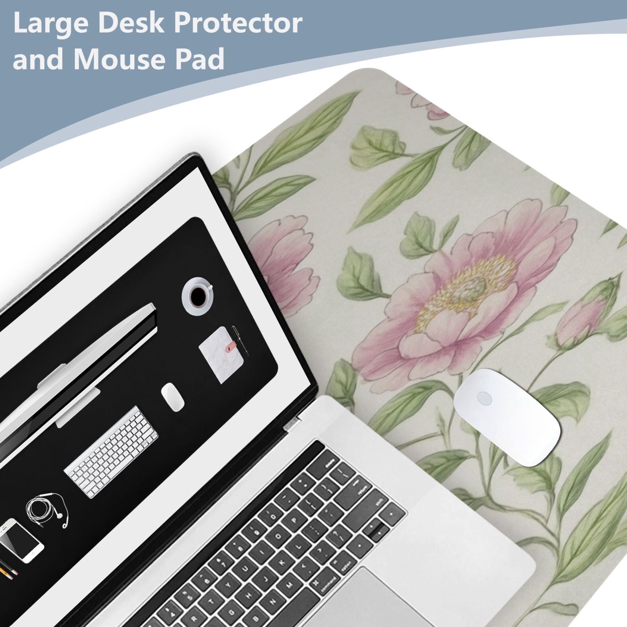 Wobogo Blooming Pink Peonies Gaming Mouse Pad Non-slip Leather Desk Mat Water Resist Keyboard Pad for Gamer Office 16.5×35.4in