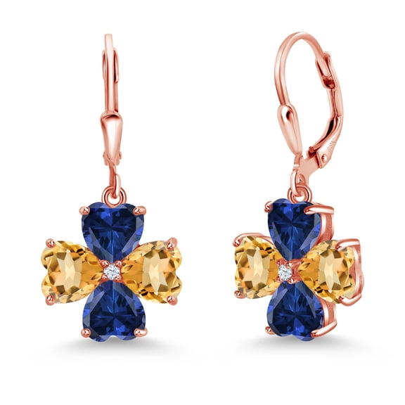 Gem Stone King 18K Rose Gold Plated Silver Yellow Citrine and Blue Created Sapphire Dangle Earrings for Women (5.82 Cttw, Gemstone November Birthstone, Heart Shape 6MM)
