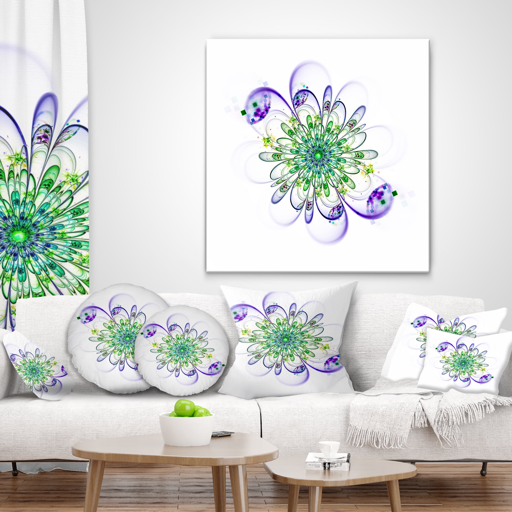 Designart Fascinating Green Purple Fractal Flower - Floral Throw Pillow - 12x20