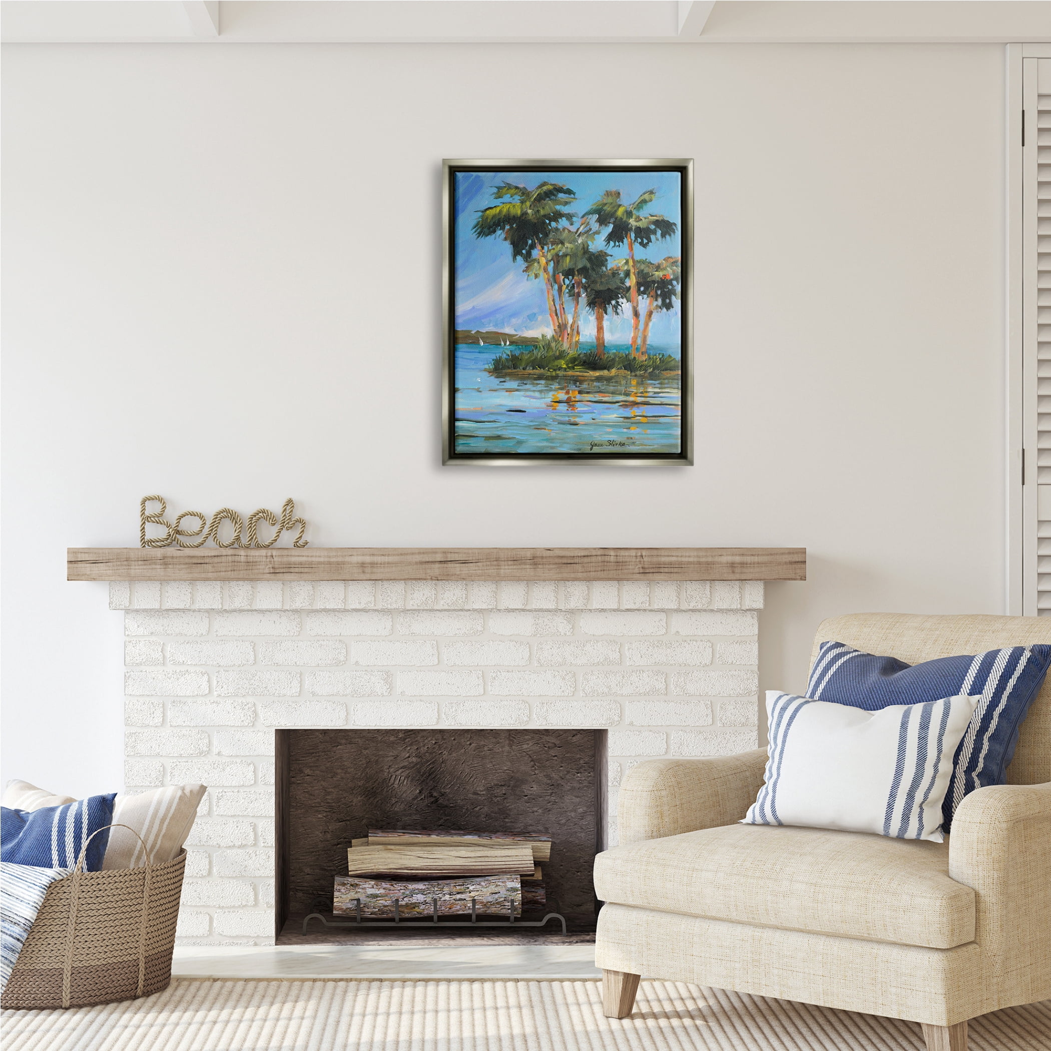 Stupell Industries Palm Island Painting Nature Painting Gray Floater Framed Art Print Wall Art, 25 x 31