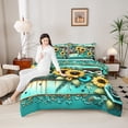 thumbnail image 4 of Manfei Spring Flower Floral Bedding Queen Comforter Set, Chic Sunflower Rose Down Comforter, Teal Damask Barn Door Bedding Sets Queen with Comforter, Breathable Room Decorative, 3 Pieces Reversible, 4 of 8