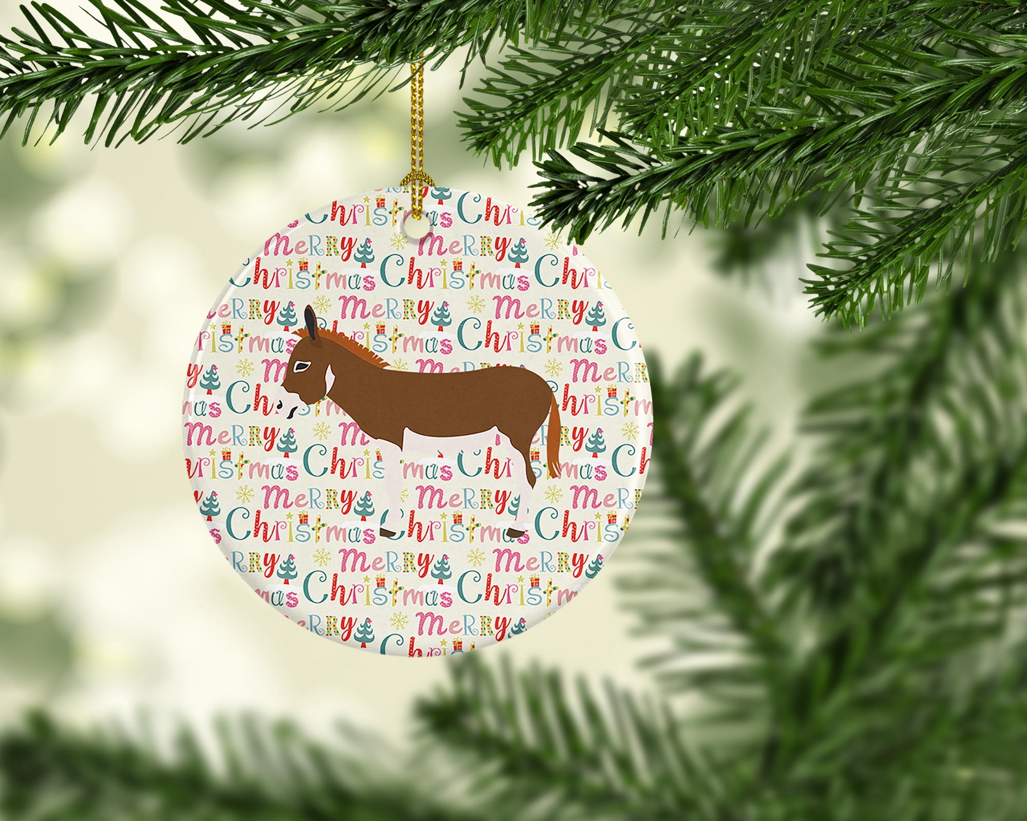 Miniature Mediterranian Donkey Christmas Ceramic Ornament 2.8 in x 2.8 in