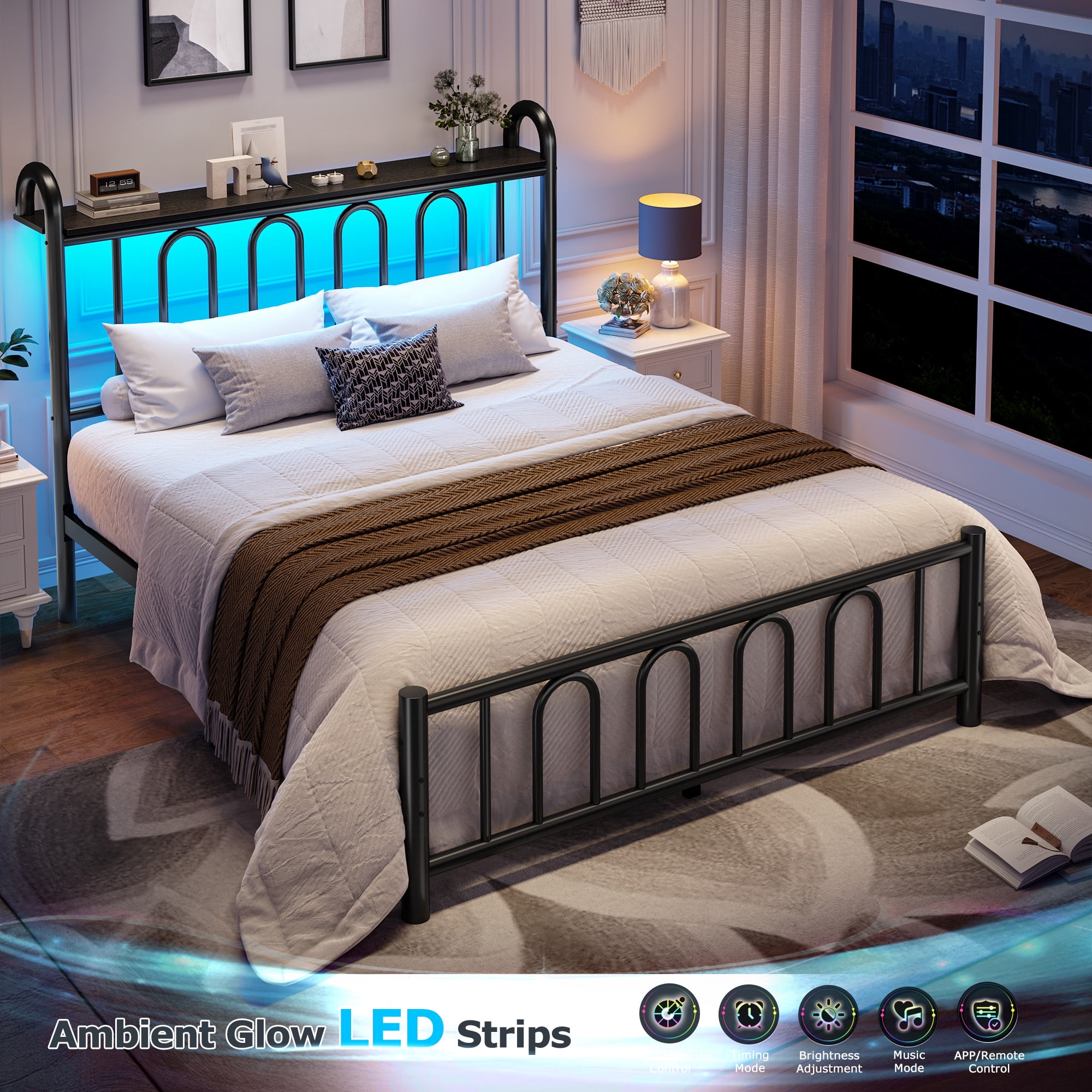 EnHomee Queen Size Metal Platform Bed Frame with Headboard Metal Bed Frame with LED Lights Queen Bed Frame with Underbed Storage,Black