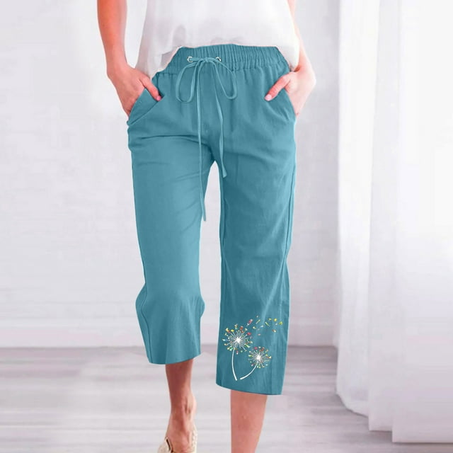 Simua Linen Capris for Women Elastic Waist Summer Loose Wide Leg Trousers